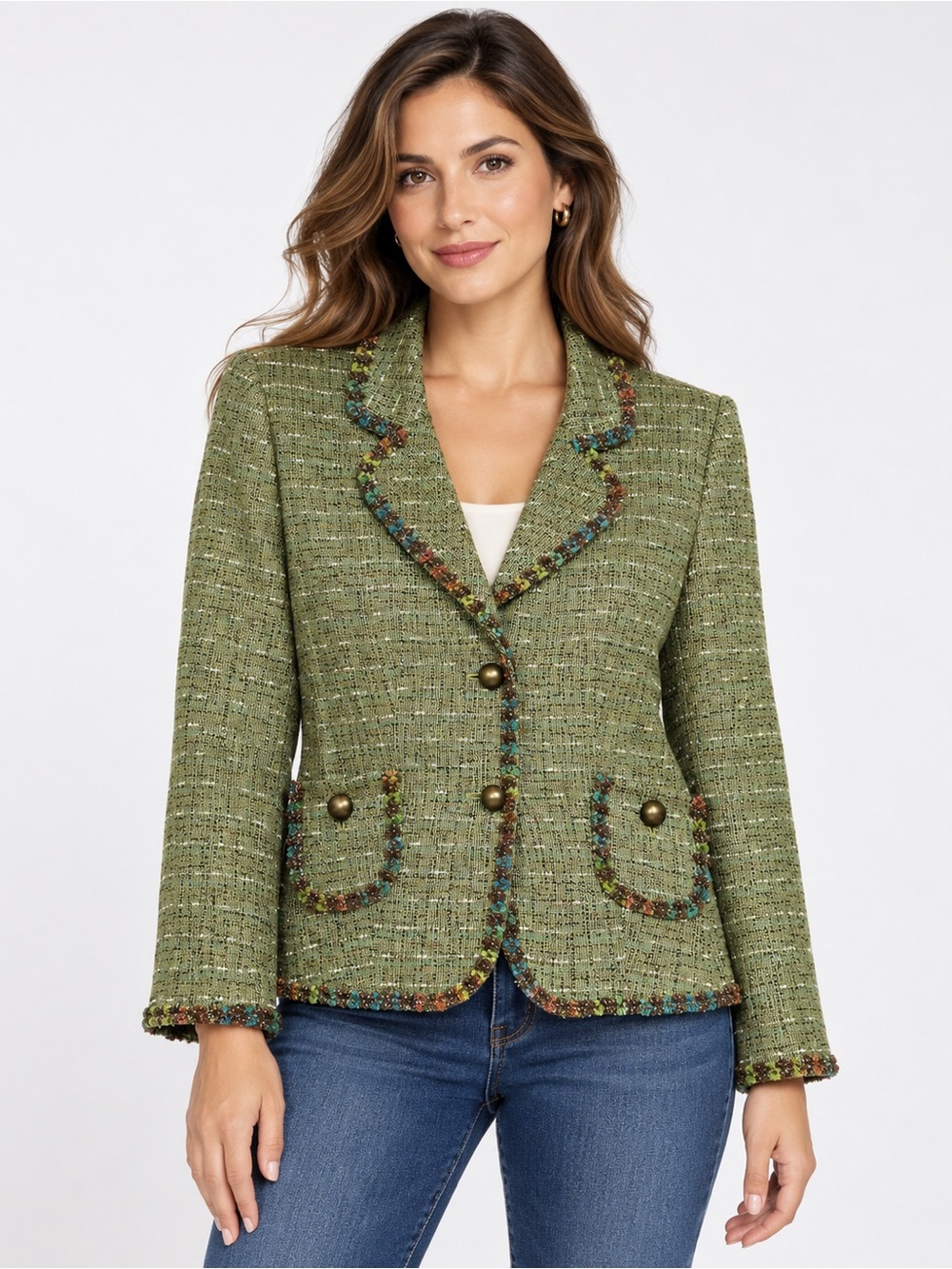 Isabel & Nina Women’s Blazer Size 14 Green Tweed Bouclé Trim Gold Buttons